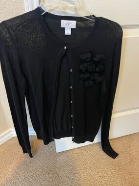 LOFT Black Floral Appliqué Cardigan